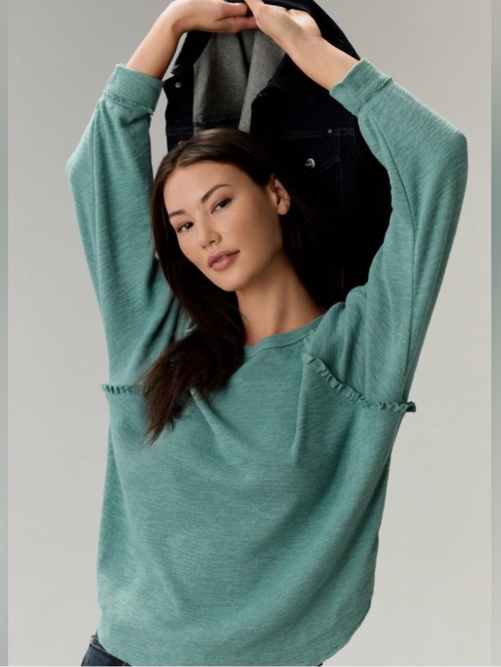 Anthropologie Pilcro Ruffled Raglan Thermal Top Turquoise Green Boho Long Sleeve